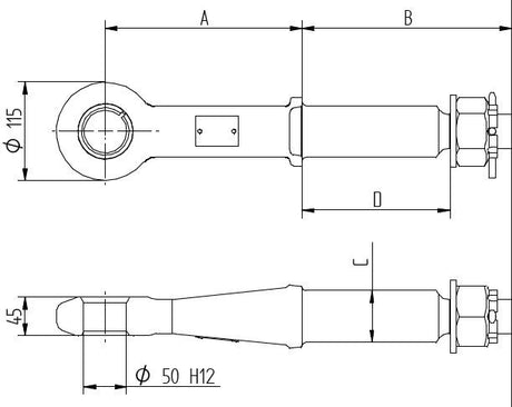 Disegno tecnico dell'occhione timone con quote A, B, C, diametro esterno dell'occhio Ø 115 e foro Ø 50 H12
