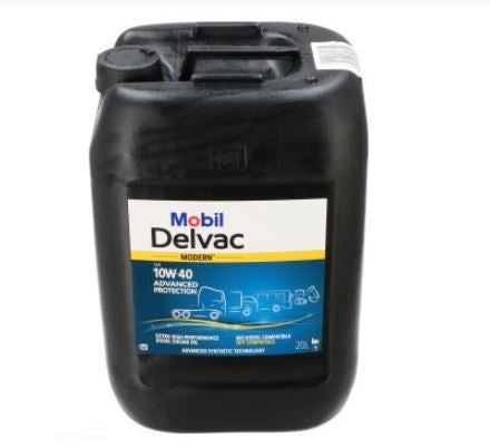 Tanica nera di olio motore Mobil Delvac Modern 10W-40 Advanced Protection, vista frontale